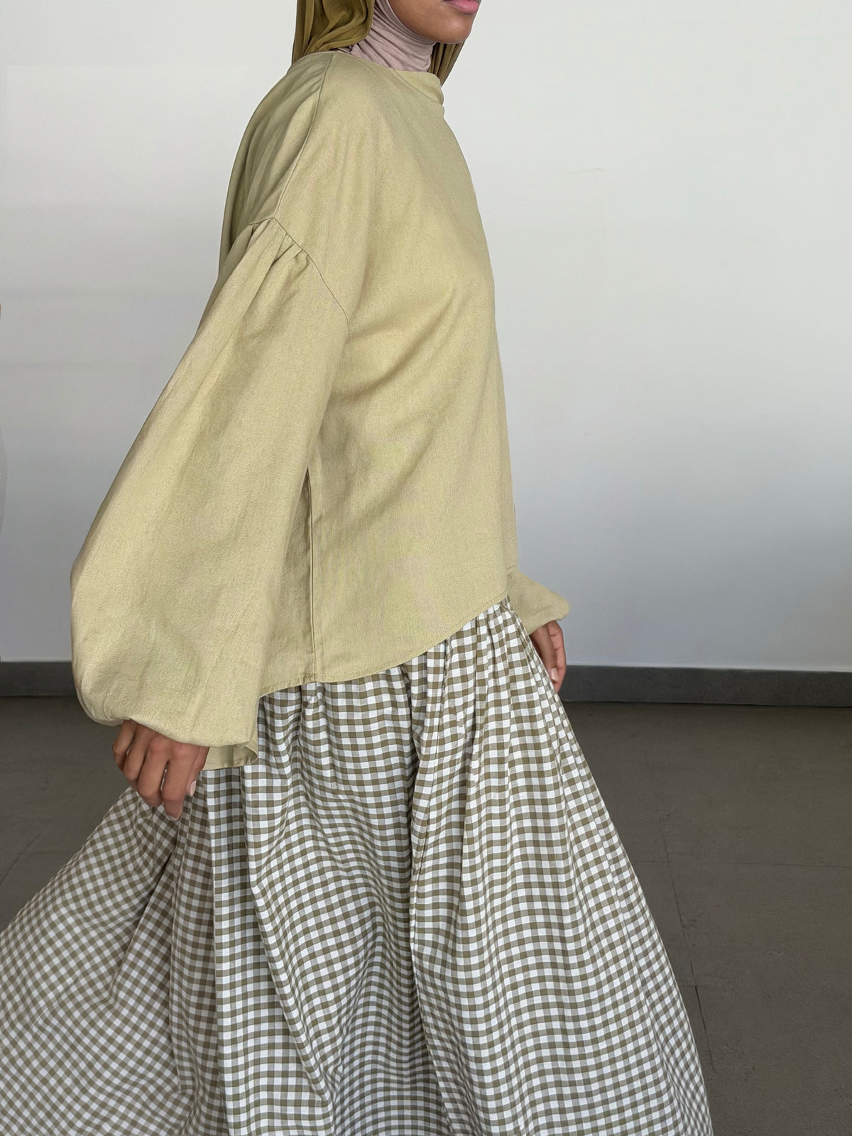 Jupe froncée à carreaux — Kaki et blanc